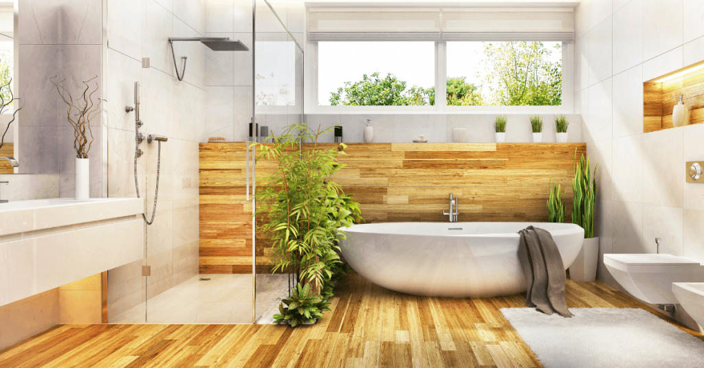 bathroom with natural light and real plants theme